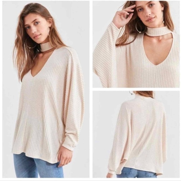 Urban Outfitters Tops - Urban Outfitters cream ribbed cutout sweater sz XS